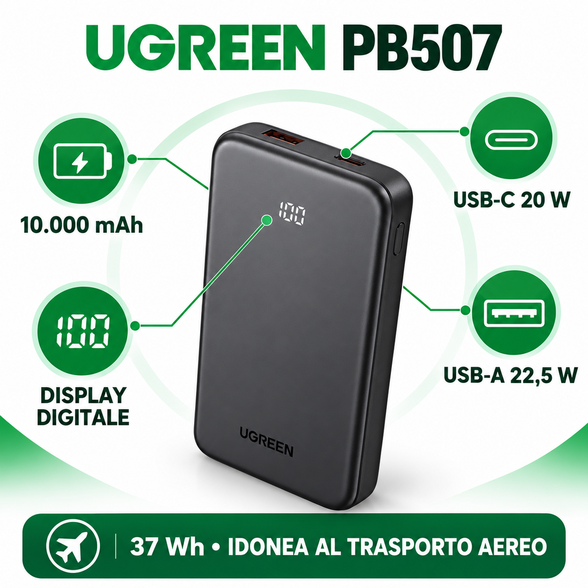 Power Bank UGREEN PB507 10.000 mAh – USB-C 20W, USB-A 22,5W