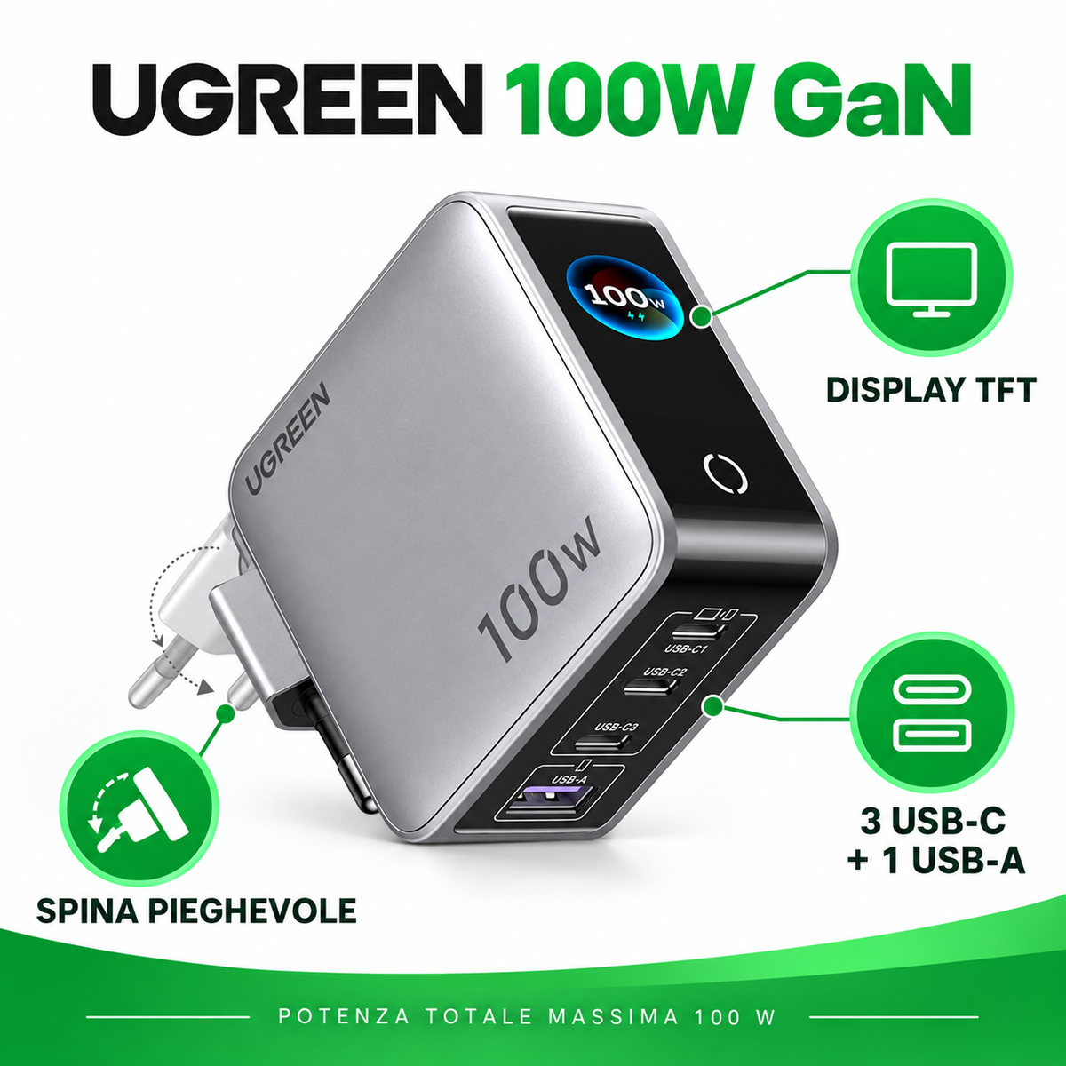 Caricatore UGREEN Nexode Pro X773 GaN 100W con Display TFT – 5 Porte